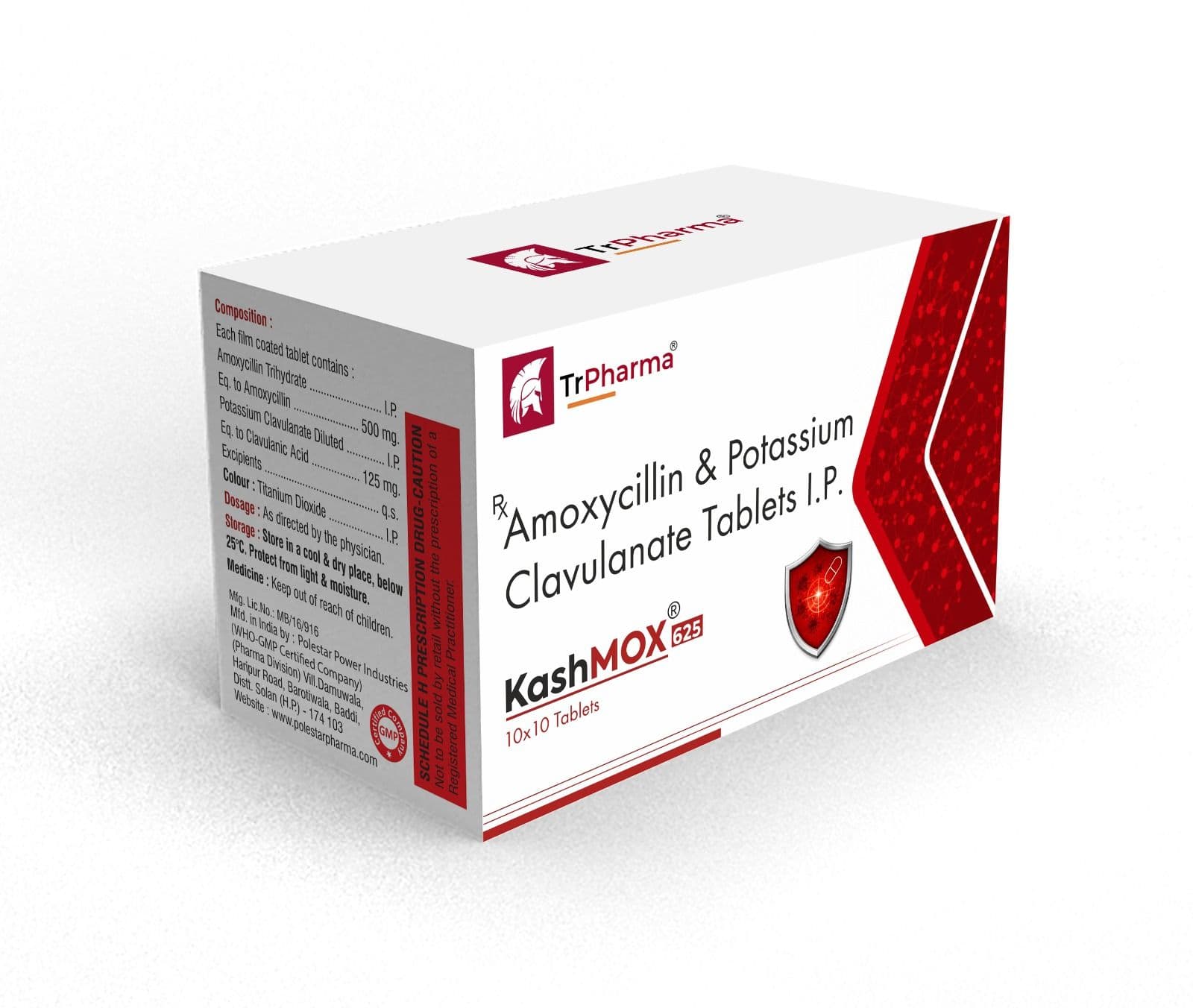 KashMOX 625 box and blister pack, TrPharma